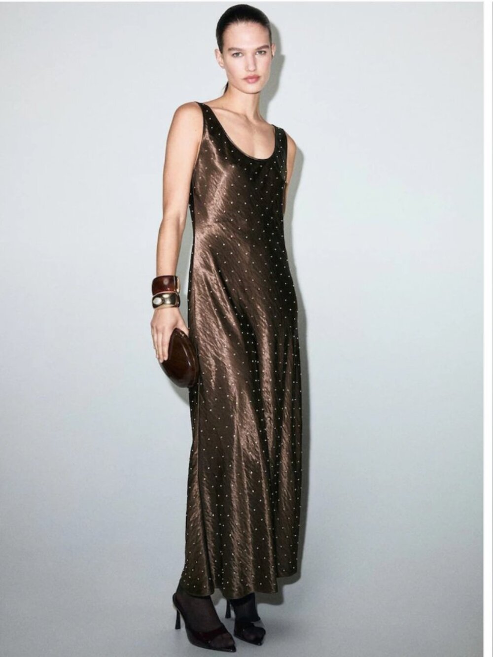 Mango Brown Emellished Detailed Satin Crinkle-Effect Dress crystals Fit & Flare
